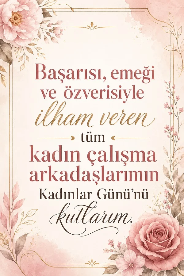 Çiçekli zarif bir arka planda, kadın çalışma arkadaşlarına yönelik Kadınlar Günü kutlama mesajının yer aldığı tasarım.