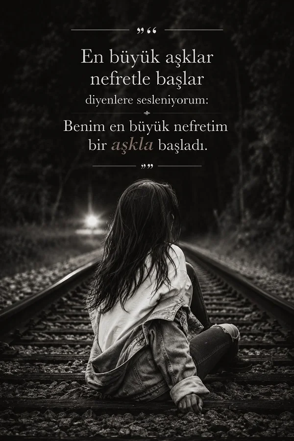 Tren raylarında oturan bir kadının bulunduğu karanlık görselde, “En büyük aşklar nefretle başlar diyenlere sesleniyorum: Benim en büyük nefretim bir aşkla başladı.” sözü yazıyor.