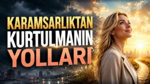 Karamsarlıktan Kurtulmanın Yolları başlıklı, karanlık bulutlardan aydınlık gökyüzüne geçiş yapan manzara, umutla bakan sarışın kadın, şehir silüeti ve ışıklı yol içeren kişisel gelişim kapak tasarımı.