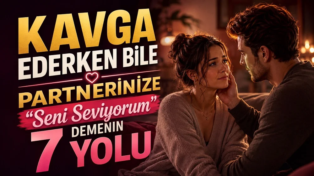 Kavga Ederken Bile Partnerinize Seni Seviyorum Demenin 7 Yolu başlıklı, tartışma sonrası birbirine sevgiyle bakan çift, sıcak ışıklar, kalp sembolü ve romantik ev atmosferi içeren ilişki temalı kapak tasarımı.