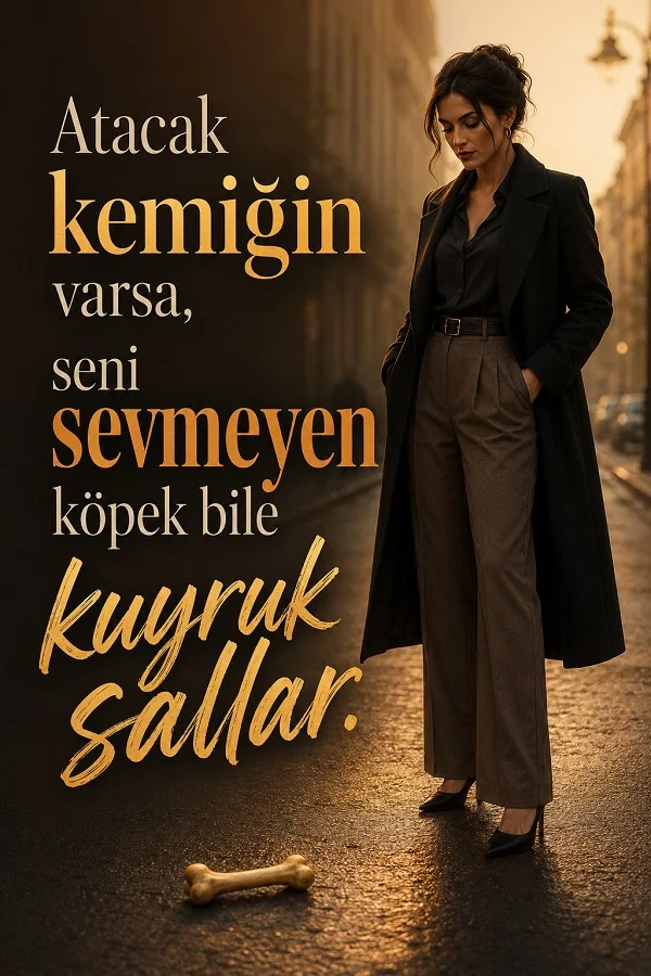 Sokakta yürüyen şık bir kadın ve yerde duran kemik eşliğinde, “Atacak kemiğin varsa, seni sevmeyen köpek bile kuyruk sallar.” sözü yer alıyor.