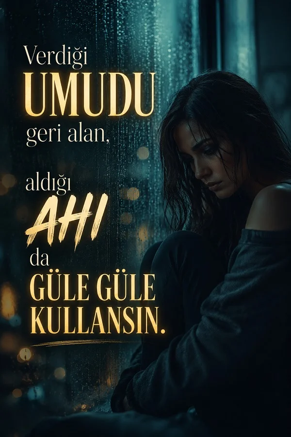 Yağmurlu pencere önünde oturan üzgün bir kadınla birlikte, “Verdiği umudu geri alan, aldığı ahı da güle güle kullansın.” sözü yer alıyor.