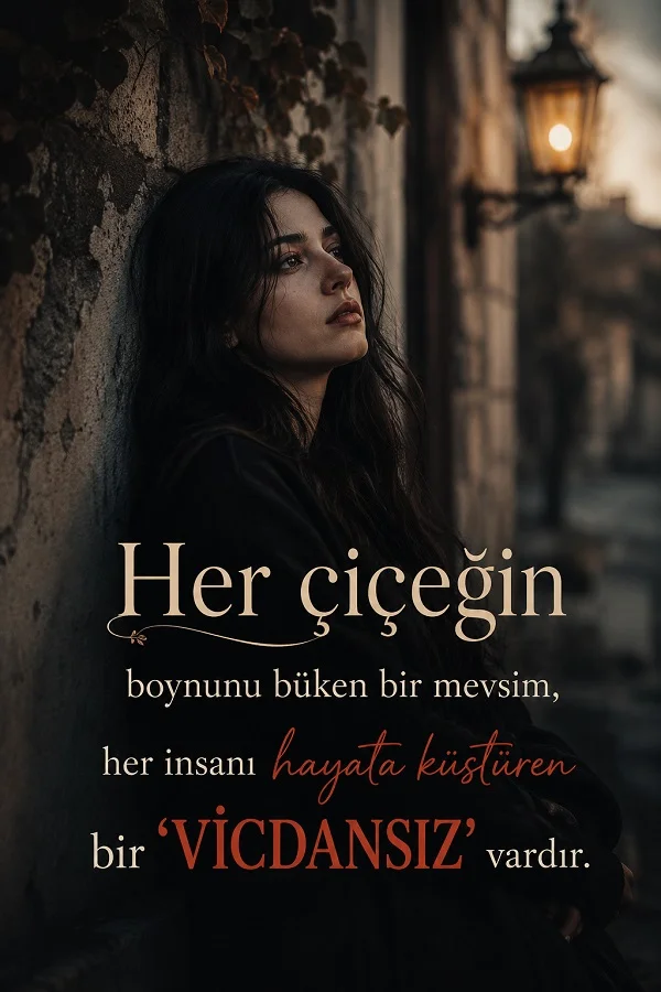 Eski bir duvar kenarında oturan hüzünlü bir kadın fonunda, “Her çiçeğin boynunu büken bir mevsim, her insanı hayata küstüren bir vicdansız vardır.” sözü yazıyor.