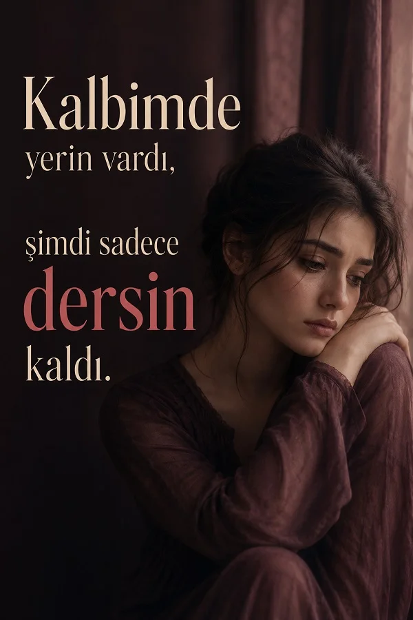 Pencere kenarında üzgün şekilde oturan bir kadın fonunda, “Kalbimde yerin vardı, şimdi sadece dersin kaldı.” sözü yer alıyor.