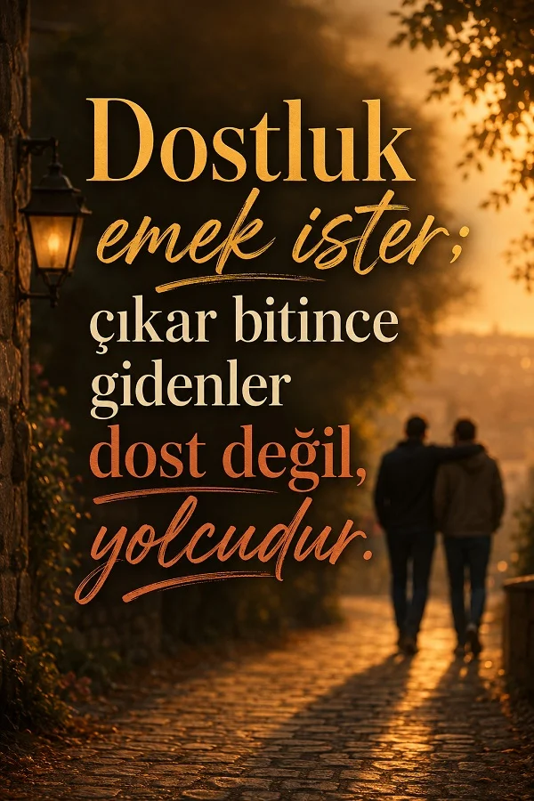 Taş yolda birlikte yürüyen iki kişi fonunda, “Dostluk emek ister; çıkar bitince gidenler dost değil, yolcudur.” sözü yazıyor.