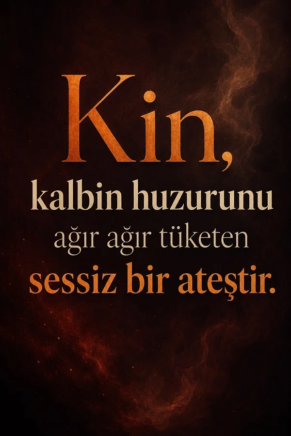 Karanlık ve dumanlı bir arka plan üzerinde, “Kin, kalbin huzurunu ağır ağır tüketen sessiz bir ateştir.” sözü bulunuyor.