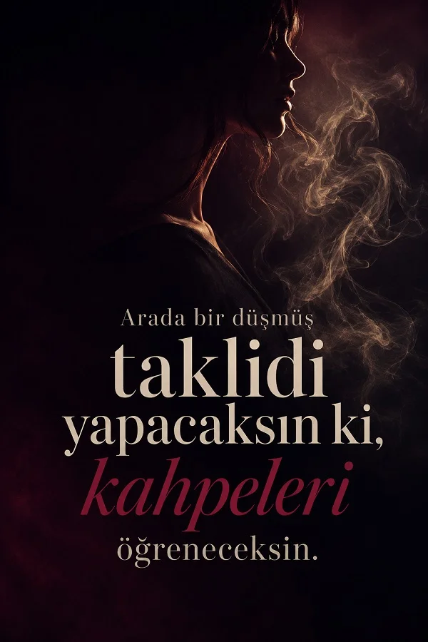 Dumanlı karanlık fonda kadın silüetiyle birlikte, “Arada bir düşmüş taklidi yapacaksın ki, kahpeleri öğreneceksin.” sözü yer alıyor.