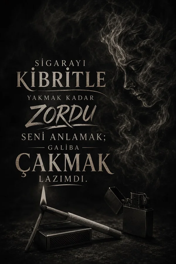 Dumanlar içindeki karanlık fonda sigara, kibrit ve çakmak yanında “Sigarayı kibritle yakmak kadar zordu seni anlamak; galiba çakmak lazımdı.” sözü yer alıyor.