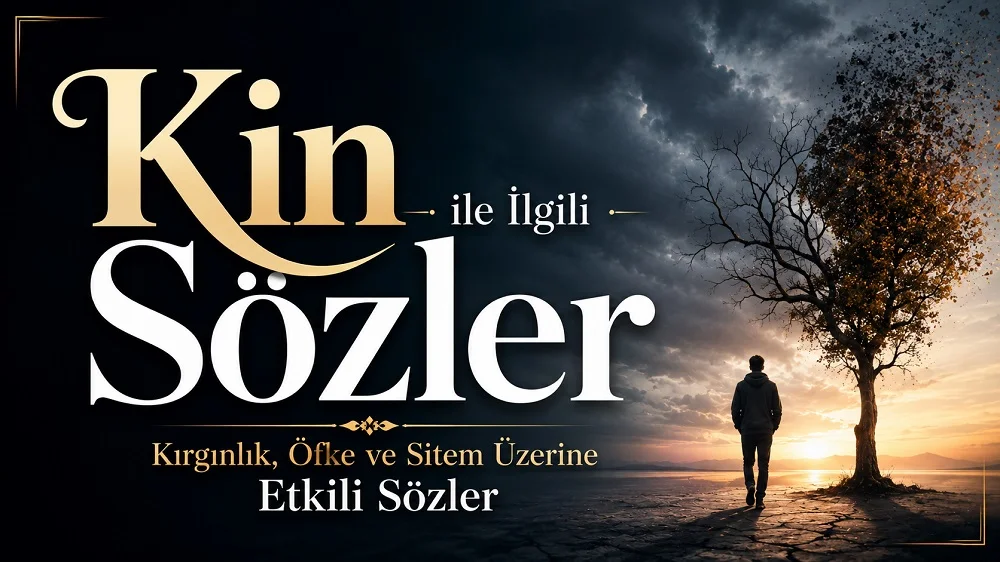 Karanlık gökyüzü, yalnız bir insan figürü ve yarısı aydınlık yarısı karanlık bir ağaç eşliğinde “Kin ile İlgili Sözler Kırgınlık, Öfke ve Sitem Üzerine Etkili Sözler” başlığının yer aldığı modern kapak görseli.