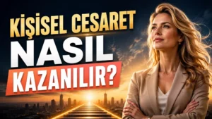 Kişisel Cesaret Nasıl Kazanılır başlıklı, gün doğumu önünde kendinden emin duran sarışın kadın, şehir silüeti, yükselen yol ve güçlü kişisel gelişim atmosferi içeren kapak tasarımı.