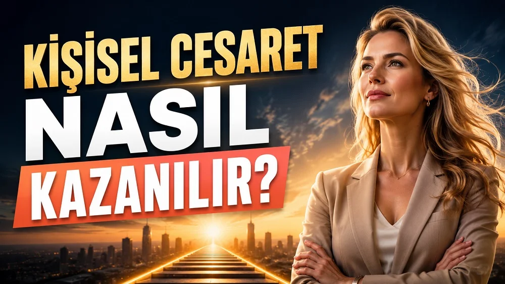 Kişisel Cesaret Nasıl Kazanılır başlıklı, gün doğumu önünde kendinden emin duran sarışın kadın, şehir silüeti, yükselen yol ve güçlü kişisel gelişim atmosferi içeren kapak tasarımı.