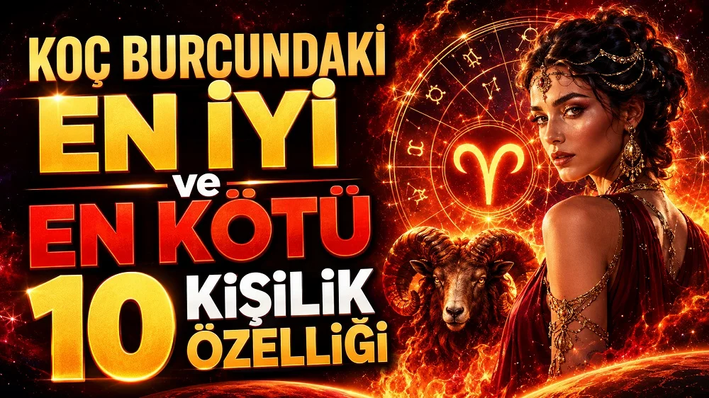 Koç Burcunun en iyi ve en kötü 10 kişilik özelliği başlıklı, Koç burcu sembolü, koç figürü, astroloji çemberi, ateşli arka plan ve zarif kadın figürü içeren astroloji kapak tasarımı.