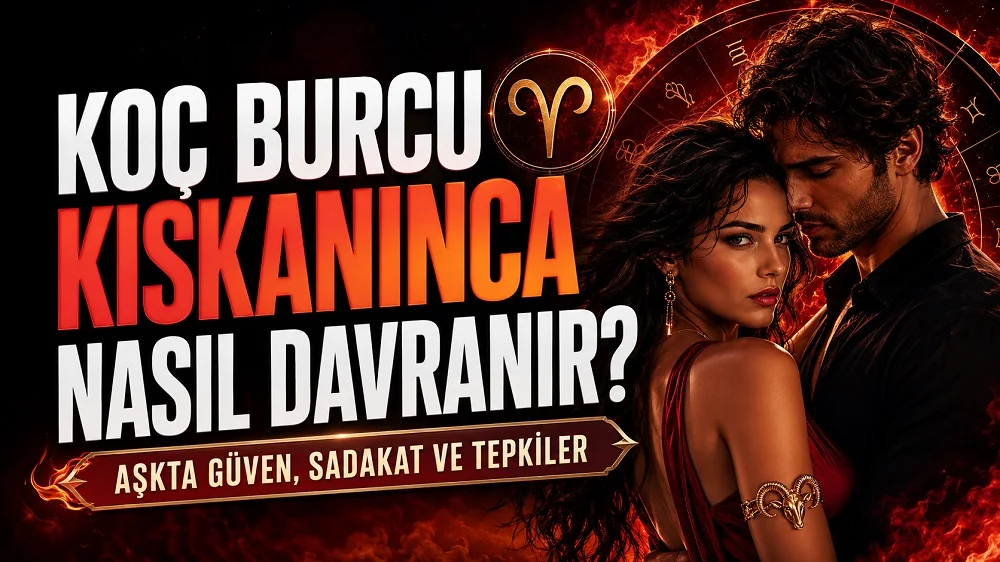 Koç Burcu Kıskanınca Nasıl Davranır? Aşkta Güven, Sadakat ve Tepkiler başlıklı, romantik çift figürlü, Koç burcu sembolü ve ateş detayları bulunan kırmızı siyah tonlarda modern astroloji kapak görseli.