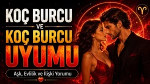 Koç Burcu ve Koç Burcu Uyumu Aşk, Evlilik ve İlişki Yorumu başlıklı, romantik kadın ve erkek figürlü, küçük Koç burcu sembolü bulunan kırmızı ve altın tonlarında modern astroloji kapak görseli.