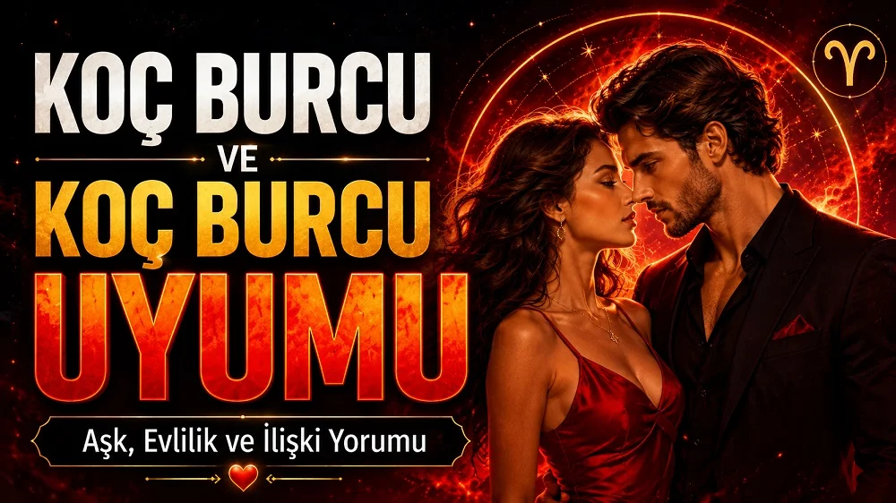 Koç Burcu ve Koç Burcu Uyumu Aşk, Evlilik ve İlişki Yorumu başlıklı, romantik kadın ve erkek figürlü, küçük Koç burcu sembolü bulunan kırmızı ve altın tonlarında modern astroloji kapak görseli.
