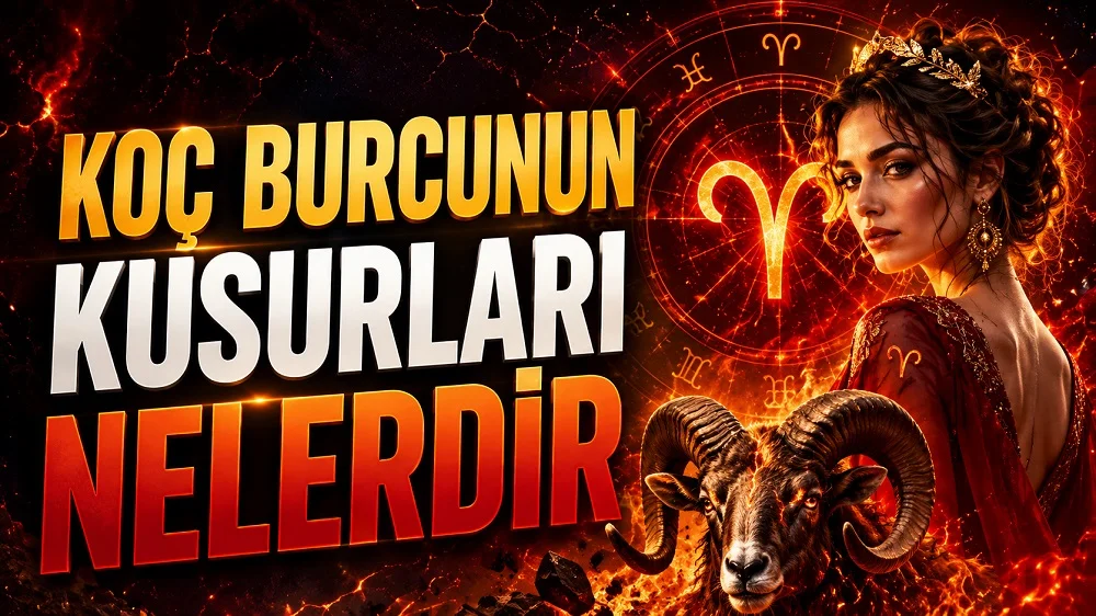 Koç Burcunun Kusurları Nelerdir başlıklı, Koç burcu sembolü, astroloji çemberi, koç figürü ve kırmızı ateşli arka planla hazırlanan astroloji kapak tasarımı.