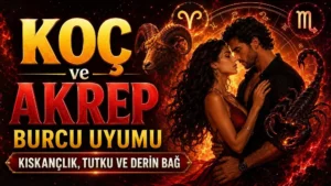 Koç ve Akrep Burcu Uyumu: Kıskançlık, Tutku ve Derin Bağ başlıklı, romantik çift figürü, Koç ve Akrep burcu sembolleri, koç ve akrep detayları bulunan kırmızı ve siyah tonlarda modern astroloji kapak görseli.