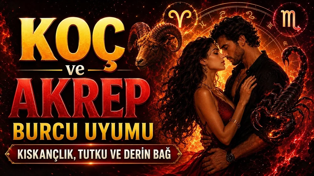 Koç ve Akrep Burcu Uyumu: Kıskançlık, Tutku ve Derin Bağ başlıklı, romantik çift figürü, Koç ve Akrep burcu sembolleri, koç ve akrep detayları bulunan kırmızı ve siyah tonlarda modern astroloji kapak görseli.