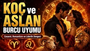 Koç ve Aslan Burcu Uyumu: Cesaret, Romantizm ve Liderlik Dengesi başlıklı, romantik çift figürü, Koç ve Aslan burcu sembolleri, koç ve aslan detayları bulunan modern astroloji kapak görseli.