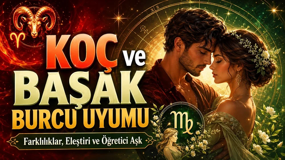 Koç ve Başak Burcu Uyumu: Farklılıklar, Eleştiri ve Öğretici Aşk başlıklı, romantik çift figürü, Koç ve Başak burcu sembolleri, koç ve astroloji çemberi detayları bulunan modern kapak görseli.
