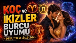 Koç ve İkizler Burcu Uyumu: Enerji, Zeka ve Güçlü Çekim başlıklı, romantik çift figürü, Koç ve İkizler burcu sembolleri, koç detayı ve astroloji çemberi bulunan modern kapak görseli.