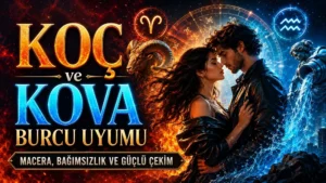 Koç ve Kova Burcu Uyumu: Macera, Bağımsızlık ve Güçlü Çekim başlıklı, romantik çift figürü, Koç ve Kova burcu sembolleri, ateş ve su detayları bulunan modern astroloji kapak görseli.