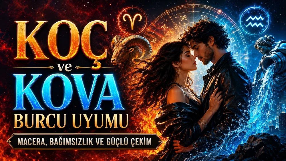 Koç ve Kova Burcu Uyumu: Macera, Bağımsızlık ve Güçlü Çekim başlıklı, romantik çift figürü, Koç ve Kova burcu sembolleri, ateş ve su detayları bulunan modern astroloji kapak görseli.