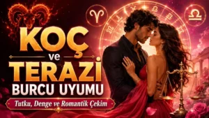 Koç ve Terazi Burcu Uyumu: Tutku, Denge ve Romantik Çekim başlıklı, romantik çift figürü, Koç ve Terazi burcu sembolleri, koç detayı ve terazi objesi bulunan modern astroloji kapak görseli.