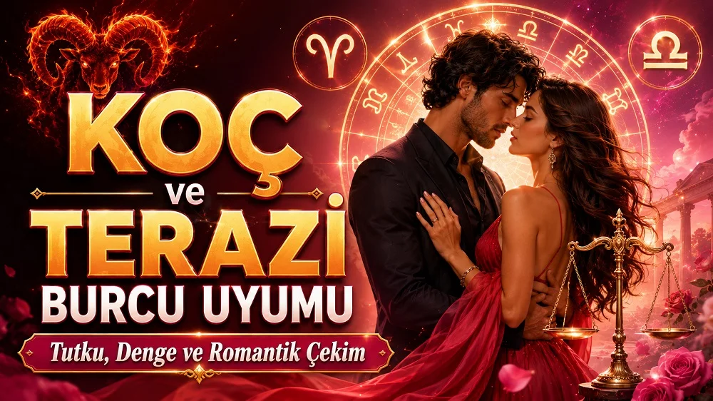 Koç ve Terazi Burcu Uyumu: Tutku, Denge ve Romantik Çekim başlıklı, romantik çift figürü, Koç ve Terazi burcu sembolleri, koç detayı ve terazi objesi bulunan modern astroloji kapak görseli.