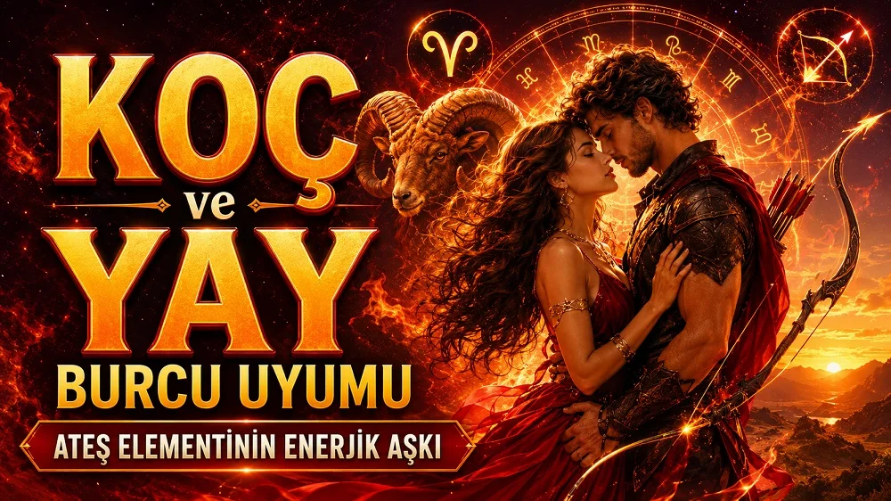 Koç ve Yay Burcu Uyumu: Ateş Elementinin Enerjik Aşkı başlıklı, romantik çift figürü, Koç ve Yay burcu sembolleri, koç, okçu ve ateş detayları bulunan modern astroloji kapak görseli.