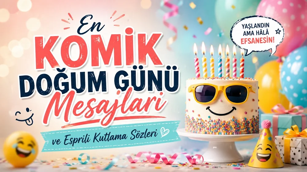 En komik doğum günü mesajları başlığıyla, güneş gözlüklü doğum günü pastası, balonlar, hediyeler ve eğlenceli kutlama detaylarının yer aldığı renkli kapak görseli.