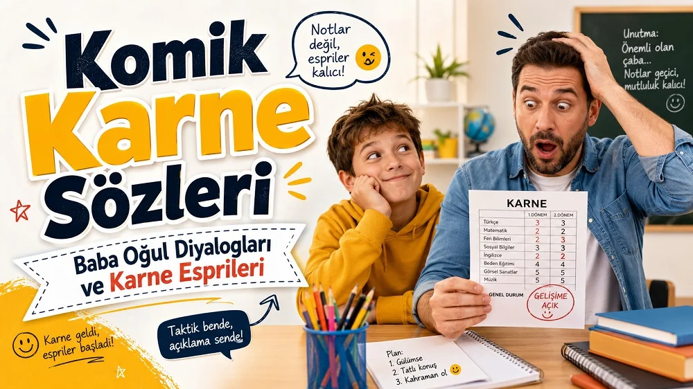Karne tutan şaşkın baba, gülümseyen çocuk, sınıf ortamı, konuşma balonları ve büyük renkli tipografiyle hazırlanmış “Komik Karne Sözleri: Baba Oğul Diyalogları ve Karne Esprileri” başlıklı eğlenceli kapak görseli.