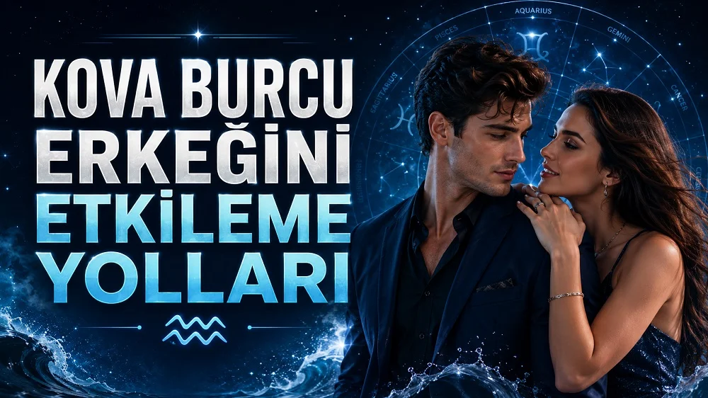 Kova Burcu Erkeğini Etkileme Yolları başlıklı, romantik kadın ve erkek figürlü, Kova burcu sembolü, deniz dalgaları ve astroloji çemberi detayları bulunan modern astroloji kapak görseli.