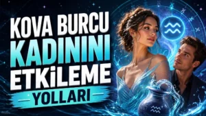 Kova Burcu Kadınını Etkileme Yolları başlıklı, Kova burcu sembolü, su küpü, astroloji çemberi, romantik kadın ve erkek figürleri bulunan mavi tonlarda modern astroloji kapak görseli.