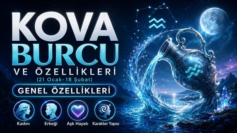 Kova burcu başlığı, su taşıyıcısı sembolü, yıldızlı gökyüzü, dolunay, burç işareti ve genel özellik simgeleriyle hazırlanmış astroloji kapak görseli.
