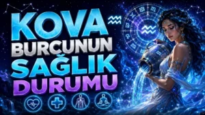 Kova Burcunun Sağlık Durumu başlıklı, Kova burcu sembolü, su taşıyan kadın figürü, astroloji çemberi, kalp, sağlık işareti, beden ve meditasyon ikonları içeren astroloji kapak tasarımı.