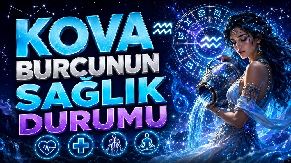 Kova Burcunun Sağlık Durumu başlıklı, Kova burcu sembolü, su taşıyan kadın figürü, astroloji çemberi, kalp, sağlık işareti, beden ve meditasyon ikonları içeren astroloji kapak tasarımı.