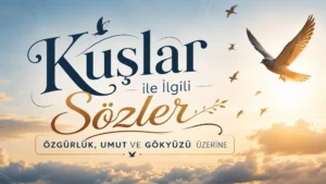 Gökyüzünde uçan kuşlar ve bulutlar eşliğinde “Kuşlar ile İlgili Sözler” başlıklı modern kapak görseli.
