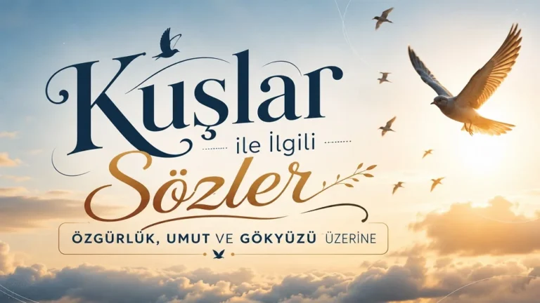 Gökyüzünde uçan kuşlar ve bulutlar eşliğinde “Kuşlar ile İlgili Sözler” başlıklı modern kapak görseli.