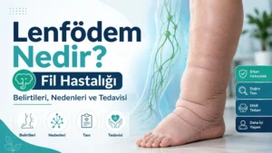 Lenfödem hakkında hazırlanan sağlık kapağında şişmiş ayak ve bacak, lenfatik sistem çizimi, tanı ve tedavi sürecini temsil eden medikal ikonlar yer alıyor.
