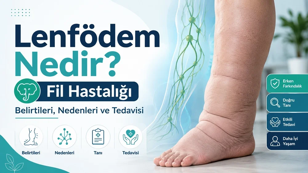 Lenfödem hakkında hazırlanan sağlık kapağında şişmiş ayak ve bacak, lenfatik sistem çizimi, tanı ve tedavi sürecini temsil eden medikal ikonlar yer alıyor.