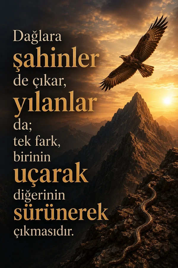 Dağ zirvesi üzerinde uçan bir şahin ve kayalık yolda ilerleyen bir yılan eşliğinde “Dağlara şahinler de çıkar, yılanlar da; tek fark, birinin uçarak diğerinin sürünerek çıkmasıdır.” yazılı söz tasarımı.