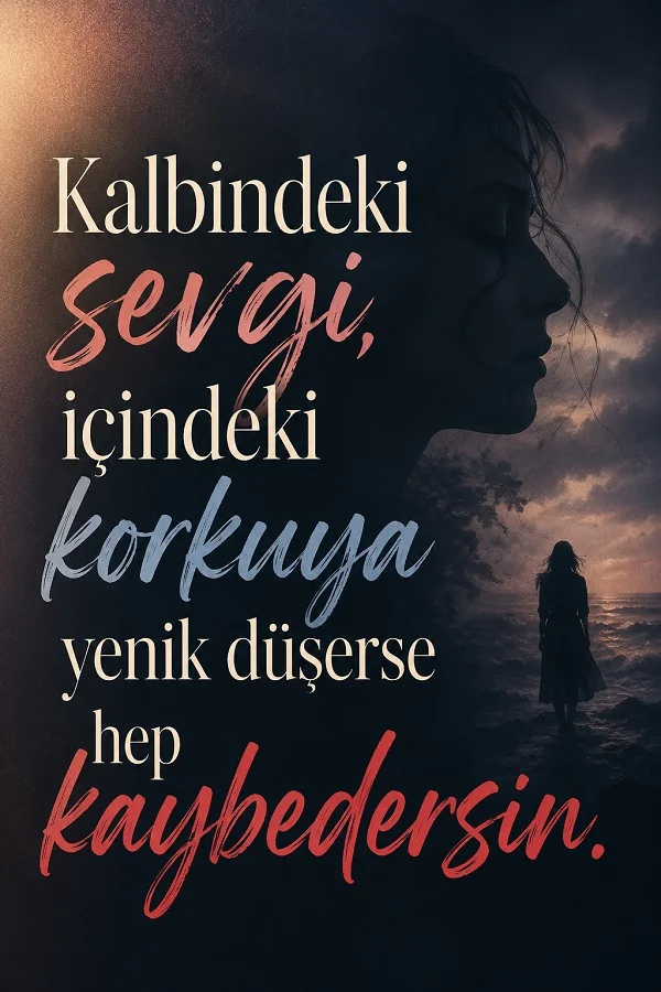 Karanlık fonda kadın silüeti ve uzakta yürüyen bir figür bulunan görselde “Kalbindeki sevgi, içindeki korkuya yenik düşerse hep kaybedersin.” yazısı yer alıyor.