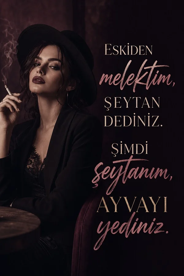 Koyu arka planda sigara tutan şık bir kadın eşliğinde “Eskiden melektim, şeytan dediniz. Şimdi şeytanım, ayvayı yediniz.” yazılı söz görseli.