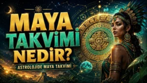 Maya Takvimi Nedir Astrolojide Maya Takvimi başlıklı, Maya takvim çemberi, kadim semboller, yıldızlı gökyüzü, tapınak silüeti ve mistik kadın figürü içeren astroloji kapak tasarımı.