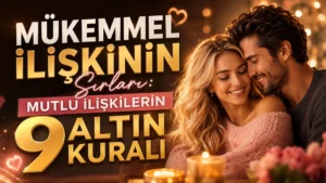 Mükemmel İlişkinin Sırları Mutlu İlişkilerin 9 Altın Kuralı başlıklı, sarışın kadın ve partnerinin romantik ortamda birbirine sarıldığı, mum ışıkları, kalp detayı ve sıcak tonlar içeren ilişki temalı kapak tasarımı.