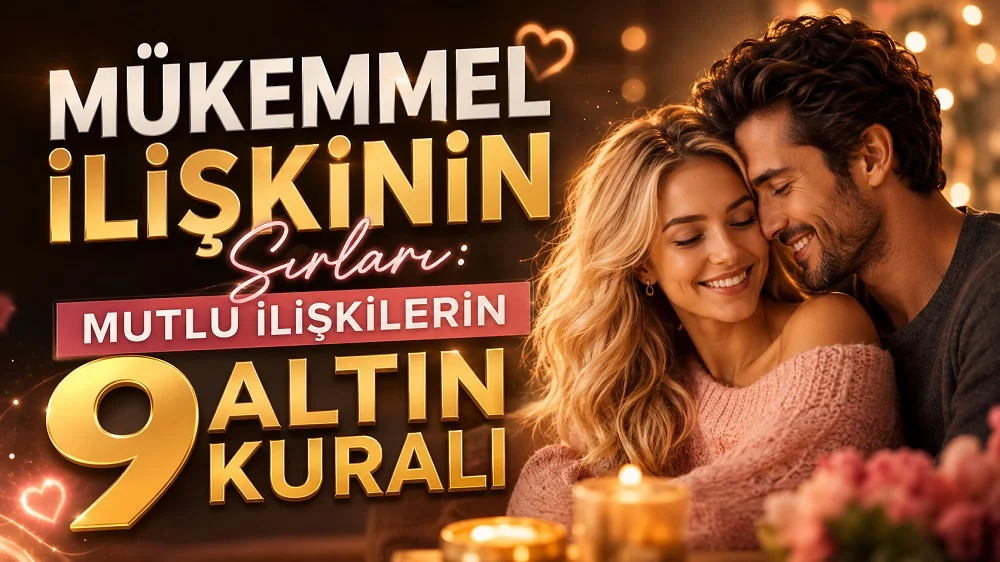 Mükemmel İlişkinin Sırları Mutlu İlişkilerin 9 Altın Kuralı başlıklı, sarışın kadın ve partnerinin romantik ortamda birbirine sarıldığı, mum ışıkları, kalp detayı ve sıcak tonlar içeren ilişki temalı kapak tasarımı.
