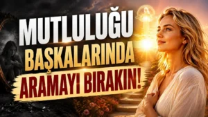 Mutluluğu Başkalarında Aramayı Bırakın başlıklı, aydınlığa bakan sarışın kadın, karanlık geçmişi temsil eden kırık ayna, gün doğumu, çiçekli yol ve içsel huzur atmosferi içeren kişisel gelişim kapak tasarımı.