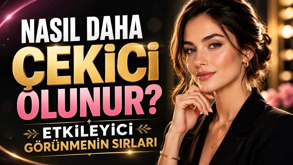 Nasıl Daha Çekici Olunur? Etkileyici Görünmenin Sırları başlıklı, şık ve bakımlı kadın figürlü, pembe, altın ve siyah tonlarda hazırlanmış modern çekicilik ve özgüven temalı kapak görseli.