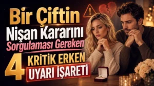 Bir Çiftin Nişan Kararını Sorgulaması Gereken 4 Kritik Erken Uyarı İşareti başlıklı, nişan yüzüğü kutusu önünde düşünceli görünen sarışın kadın ve partneri, kırık kalp ve uyarı sembolleri içeren ilişki temalı kapak tasarımı.